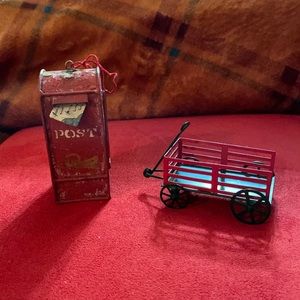 Vintage Metal Mailbox and Wagon Ornament Lot!